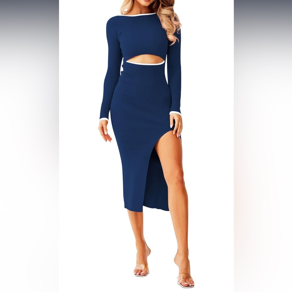 New, Navy Blue Cut Dress with High Slit